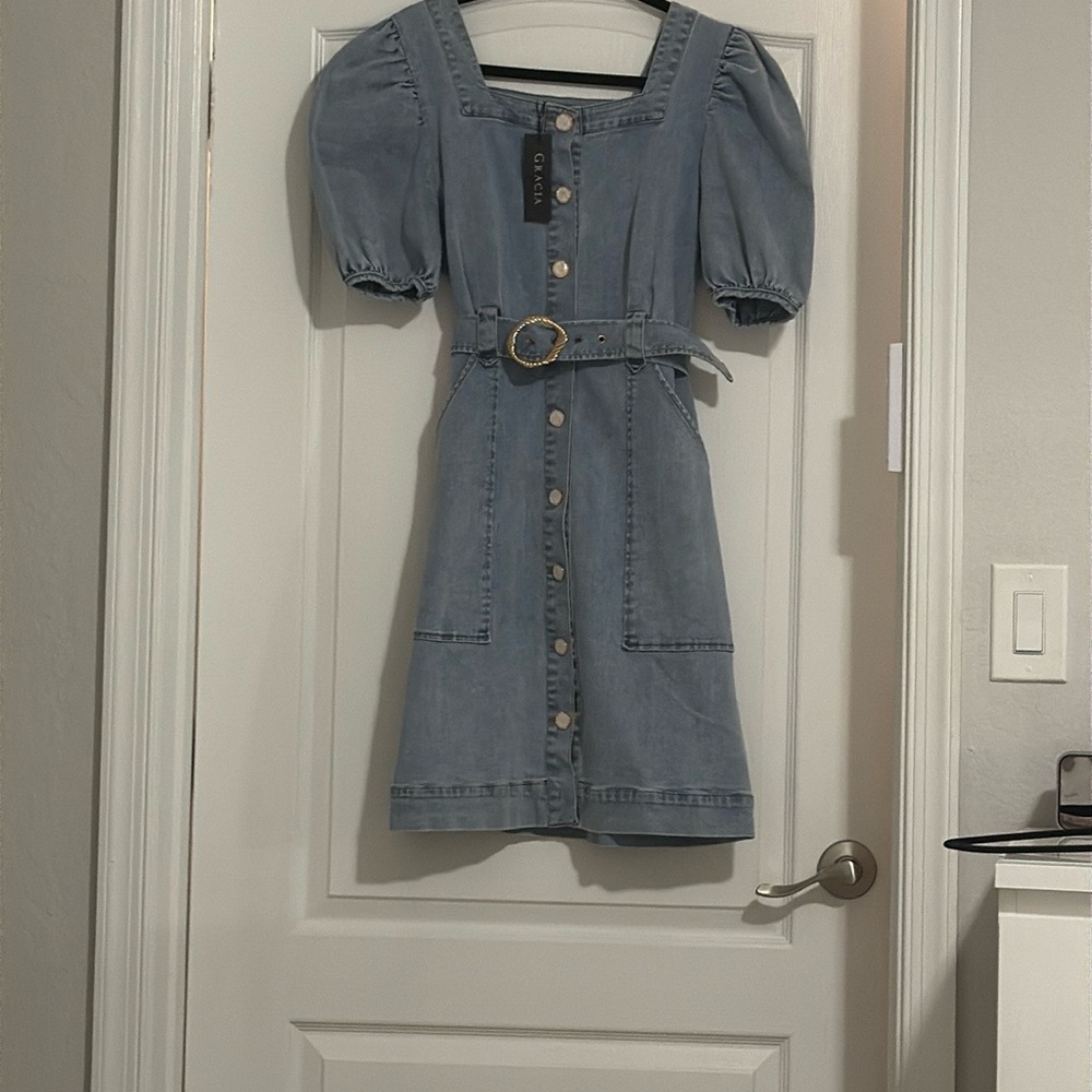 Gracia Blue Puff Sleeve Sheath Mini Dress
